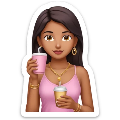 a pretty fair indian bratz girl with a pink cami top, drinking takeaway coffee, golden dainty necklace sticker