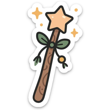 A cute and magical wand with an elegant, whimsical design, incorporating a color palette of golden orange (FA9B41), forest green (4A7C5C), soft taupe brown (96775A), and pastel peach (FFCC9A). The wand is slender and slightly curved, made of smooth wood with delicate carvings. At the top, there's a glowing gem or star in peachy tones, surrounded by tiny sparkles. Decorative elements like a ribbon, tiny leaves, or a small charm add a cozy, storybook-like charm. The overall look is gentle, enchanting, and magical, perfect for a forest fairy or a kindhearted young wizard. sticker