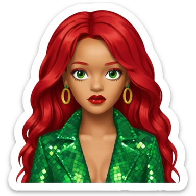 Rihanna with long red hair, green sequin outfit sticker