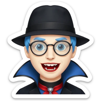 
vampire with blue hat,black coat with read collared ,teeth looks like vampire, with glasses sticker