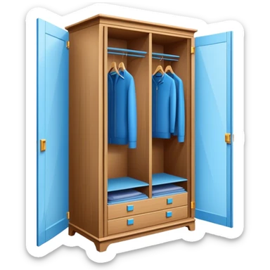 Icon for Furniture Design: a blueprint of a wardrobe without clothing inside, featuring a 3D installation with dimensions and a ruler or measuring tape. The icon should represent the detailed design and measurement process in furniture creation. Transparent background. sticker