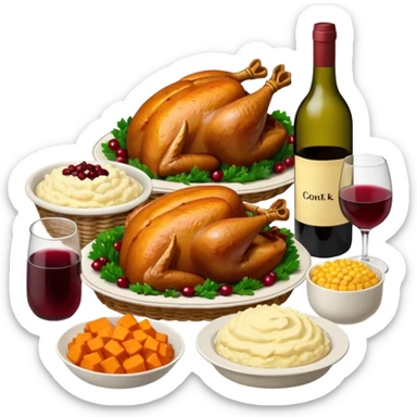 Thanksgiving Dinner with friends of all different races; have the food be a cooked turkey, mashed potatoes, corn, a basket of biscuits, a small bowl of cranberry sauce, baked yams, steamed vegetables, and a bottle of wine. sticker