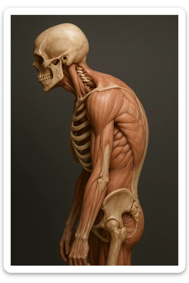 corpo UMANO ANATOMICO di profilo con spalle chiuse in avanti, postura errata, iperrealistico 4k sticker