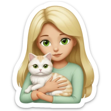 Girl with a yellowish brown complexion and blonde balayage hugging a white Persian cat with green eyes sticker