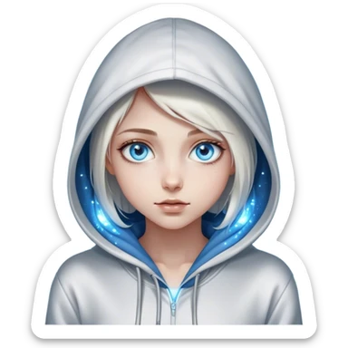 Cinematic girl with large sparkling blue eyes wearing a hoodie, Ultra realistic 32k HD, Breathtaking piece of art, rim lighting, hauntingly beautiful art, mostly greyscale, Balanced features, highly detailed digital artwork, glowing with silver light, glowing, high shine, deviant adoptable, highly detailed clothing, remembrance, a painting of white silver, fanciful, enchanting, ghostly, embodying the essence of both reality and fantasy, dreamy, dreamy glow, optical illusion, immaculate composition, complex pose, air composition. The image is so lifelike that it feels as though it could leap off the canvas at any moment sticker