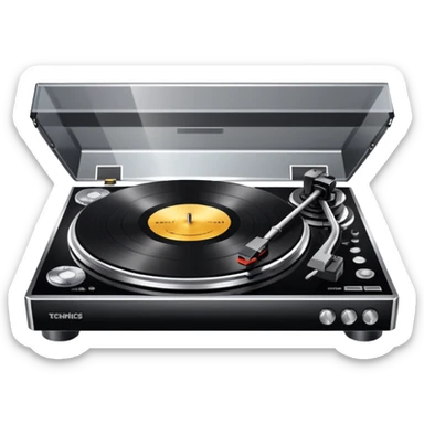 Technics turntable, highly polished, smooth wax texture, visible Technics logo, detailed controls, silver and black sticker