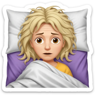 A 55-year-old woman lying in bed. She looks exhausted and desperate, with visible dark circles under her eyes, tired facial expression. sticker