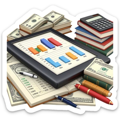 Icon for Business Reading: an open book with graphs, numbers, percentages, formulas, and text on the pages, next to a stack of books, a pile of dollars, a calculator, and a pen. The icon should represent the analytical and strategic nature of business literature. Transparent background. sticker