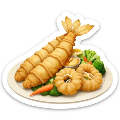 Cinematic Realistic Tempura Dish Emoji, depicted as lightly battered and fried seafood and vegetables rendered with delicate textures and crisp, inviting lighting. sticker