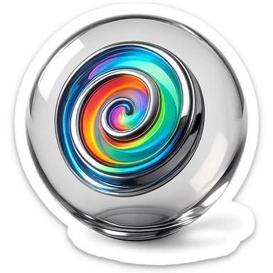 Make the spiral core inside the translucent glass-like chrome sphere rainbow-colored, keep the sphere glowing softly and reflective with no background. sticker