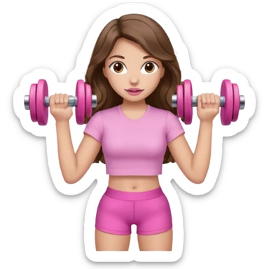 girl with wavy long brown hair, brown eyes, light to medium complexion, long lashes, light pink lipstick, wearing light pink shirt, lifting a pink dumbbells in a shorts top sticker
