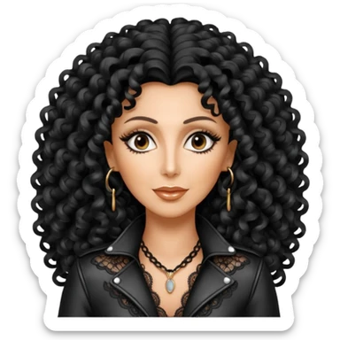 realistic cinematic singer Cher in a typical naked attractive outfit with leather and lace, huge curly hair like in the video If I Could Turn Back Time sticker