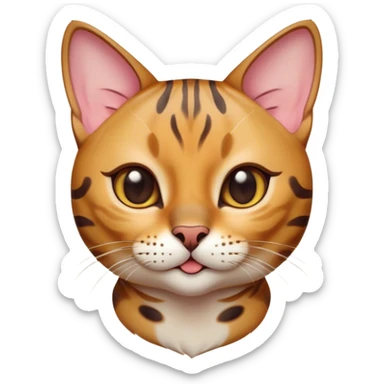 Cinematic Cute Bengal Cat Portrait Emoji, Head tilted playfully and inquisitively, sleek spotted brown and gold tones, Simplified yet adorable features, highly detailed, glowing with a warm, friendly glow, high shine, curious and affectionate, stylized with a touch of whimsy, bright and alert, soft glowing outline, capturing the essence of a mischievous yet loving kitten, so endearing it feels like it could pounce out of the screen and play! sticker
