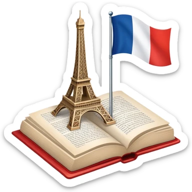 An icon featuring the Eiffel Tower and the flag of France, symbolizing the French language. The design includes an open book with French text, representing language learning and French culture. Transparent background highlights the elegance of the French-speaking world. sticker