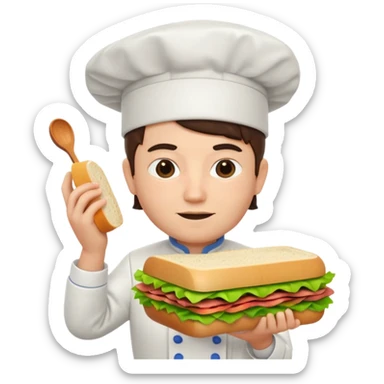 A 3D cartoon chef assembling a fresh sandwich with lettuce and meat, clean kitchen background, Memoji-style. sticker