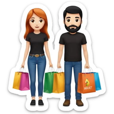 Chica blanca con cabello cobrizo largo y chico con cabello y barba negra los dos de contextura media los dos vestidos de jeans y camiseta negra con bolsas de compras de colores con letrero que diga comprado  sticker