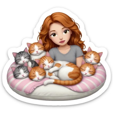 girl with long wavy brown hair, long lashes makeup, sexy pink lips, light to medium complexion,  sleeping on a cozy pillow, with 6 cats: 1 ginger/white, 1 grey with white paws, 1 calico, 2 grey and white and one tabby and white sticker