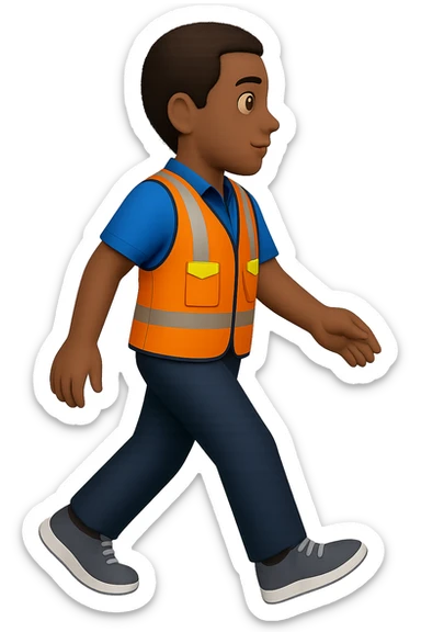 Edit the image to depict a full-body person walking, wearing a high-visibility vest, no hard hat, wearing trainers, in the style of apple emojis, with no background (transparent). sticker