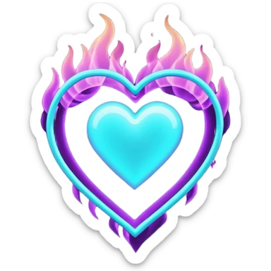 futuristic minimalistic fire heart made of purple (#8B5CF6) and cyan (#00E0FF) neon lines, dark background, digital tech aesthetic, no face, 1:1 aspect ratio sticker
