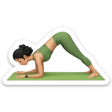 a woman with olive skin tone and curly black hair wearing green and doing a downward dog yoga pose sticker