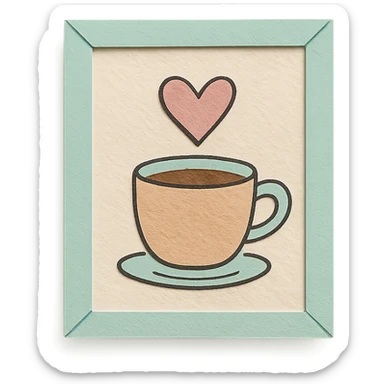 coffee shop wall art frame with cup and heart doodle, soft pastel colors, hand-drawn style sticker