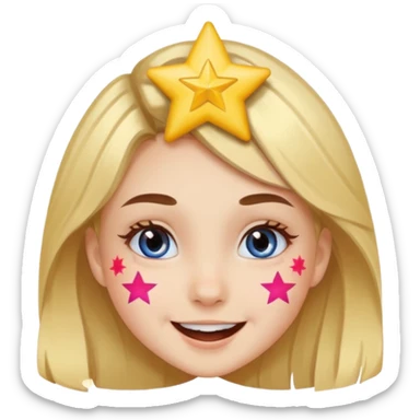 A girl with star-shaped cheek paint, cheering with bright eyes. sticker
