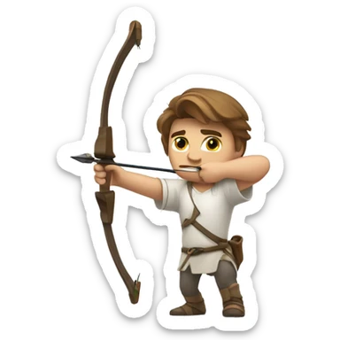 a male archer aiming with a bow looking at his target, wearing a white shirt, very show brown hair, bright skin sticker