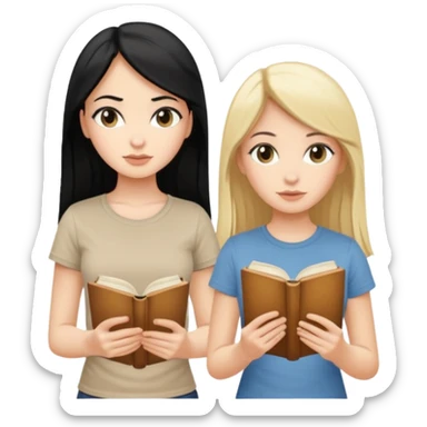 beautiful white girl with black hair in beige t-shirt and beautiful blonde with long hair in beige t-shirt reading beautiful vintage book sticker