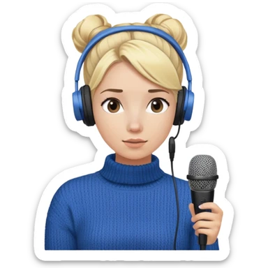 a girl with blue knitwear with a blonde hair
bun and her job is a podcaster (condenser microphone in front of her face and a headphone in her head) sticker