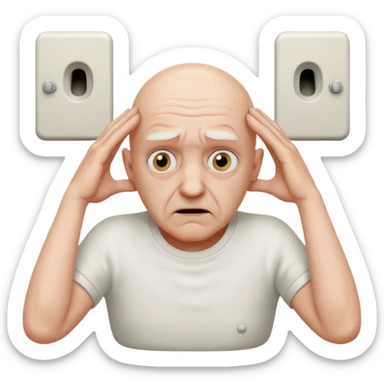 A bald person who’s very old is staring, he’s inside a toilet and his head is upright and looking at the camera with very wide eyes and his hands are putting pressure on his head, very scared expression sticker