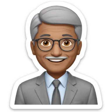 60 yr old indian man, short straight dark grey hair brushed foreward , light grey business suit, big smile, dark brown skin, no moustache, dark brown eyes, glasses
 sticker