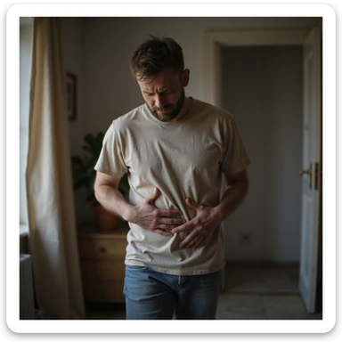 realistic hyper-detailed 4K image of a man holding abdomen while walking slowly at home, pained face, home clothes, realistic atmosphere sticker