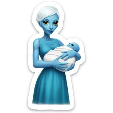  Reptilian alien woman , full body, in blu elegant dress , holds a newborn white humman baby sticker
