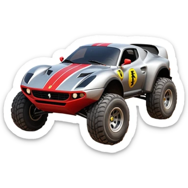 Satan’s and Vader (post race) Ferrari -colored Dirty and dented Local Motors Rally Fighter off road race car hot rod trophy truck-style basher flying on a dusty road (silver wheels) sticker