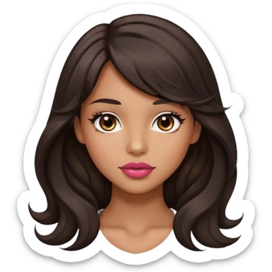 beautiful girl with black wavy long hair and side-swept bangs, tan skin, rose-coloured lips and hazel eyes who looks like a model sticker