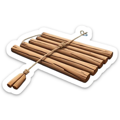 showing a simple wooden raft floating on calm blue water — made of several brown logs tied together with rope — gentle ripples around it — bright, cheerful lighting and soft shadows — minimalist, clean emoji design sticker