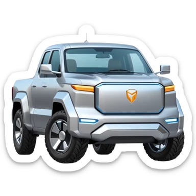 A futuristic electric pickup truck emoji, silver chrome body, angular cyber design, smooth metallic panels, subtle reflections, minimalistic proportions, iOS emoji style, centered composition, clean white background, soft lighting sticker