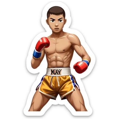 Muay Thai traditional – Cinematic Realistic Traditional Muay Thai Fighter, depicted in authentic Muay Thai attire with arm bands and shorts, poised in a dynamic fighting stance in a traditional Thai stadium, rendered with vivid textures and dramatic, high-contrast lighting that accentuates the art’s intensity. sticker