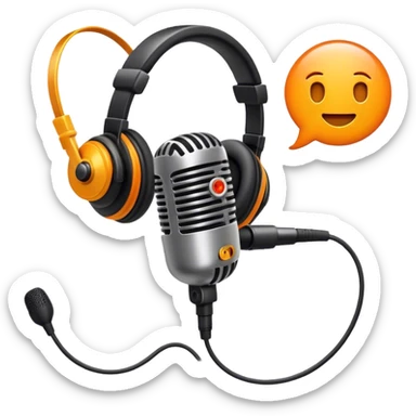 Create a dynamic and creative emoji that represents voiceover and dubbing. The design should feature a microphone, a pair of studio headphones, and sound waveforms to symbolize the recording and manipulation of voice. Add subtle details like a film reel or a speech bubble to represent the dubbing aspect. Use vibrant colors like orange, red, or purple to evoke energy and creativity in voiceover work. The background should be transparent. sticker
