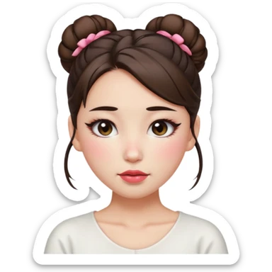 “japanese style Emoji brunette girl hair in bun white top, dewy skin, heavy blush across cheeks and nose bridge, glossy cherry lips, soft eyeliner, teary sparkling eyes sticker