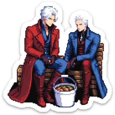 Dante and Vergil from Devil May Cry sitting together in a KFC family bucket, Dante in red coat, Vergil in blue coat, both with white hair sticker