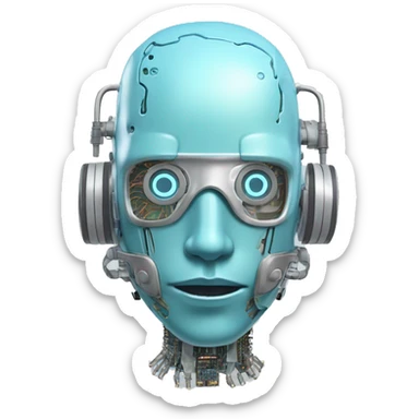 Pastel blue haired cyborg head with silver respirator mask and circuits sticker