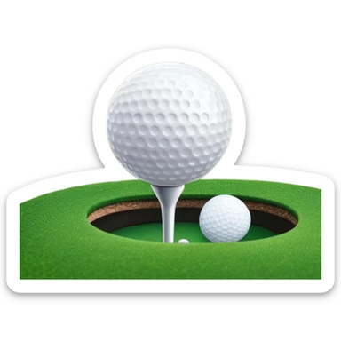 A golf ball positioned next to a golf club on a well-manicured green, with the lush grass of the golf course in the background. The setting captures the peaceful yet competitive atmosphere of the sport, focusing on the precision and skill required for the perfect shot sticker