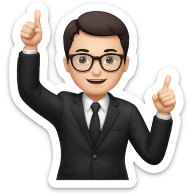 un PROFESOR con terno negro que este parado con sus lentes guiñando el ojo y CON LAS MANOS HACIA ARRIBA DANDO LIKE sticker