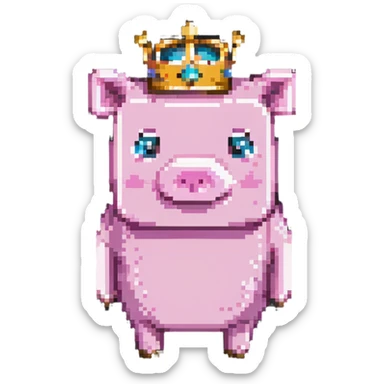 minecraft pig full body pink blocky animal square head square body wearing a crown sticker