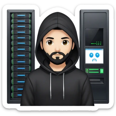hackeur blanc cheveux noir barbe et capuche noir à côté d'un server ia sticker