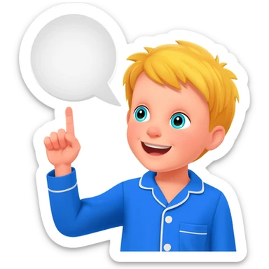 Create an emoji of the same blonde 3 year old as the first one you did. happy boy with blue-greenish eyes with blue pajamas on saying a bible verse, with one finger up (the one next to the thumb( sticker