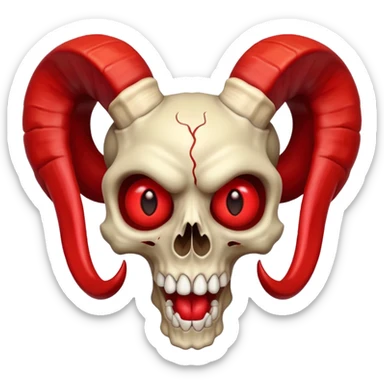 Ram-horned skull with red eyes and a wide, exaggerated mouth, bold, cartoonish, expressive, fully inside the image borders, apple emoji style sticker
