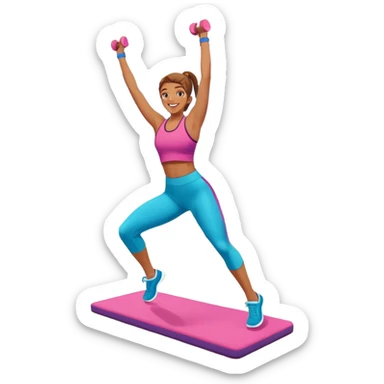 An energetic person performing an aerobics workout in a brightly lit gym, jumping and stretching with enthusiasm. The scene includes vibrant fitness equipment like dumbbells and exercise mats, with a background of cheerful, motivating colors, conveying energy and movement. sticker