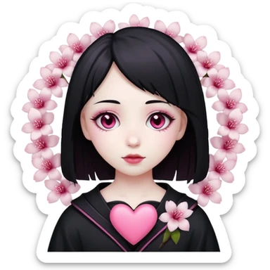 goth sakura heart, heart made of white sakura petals with pink accents sticker